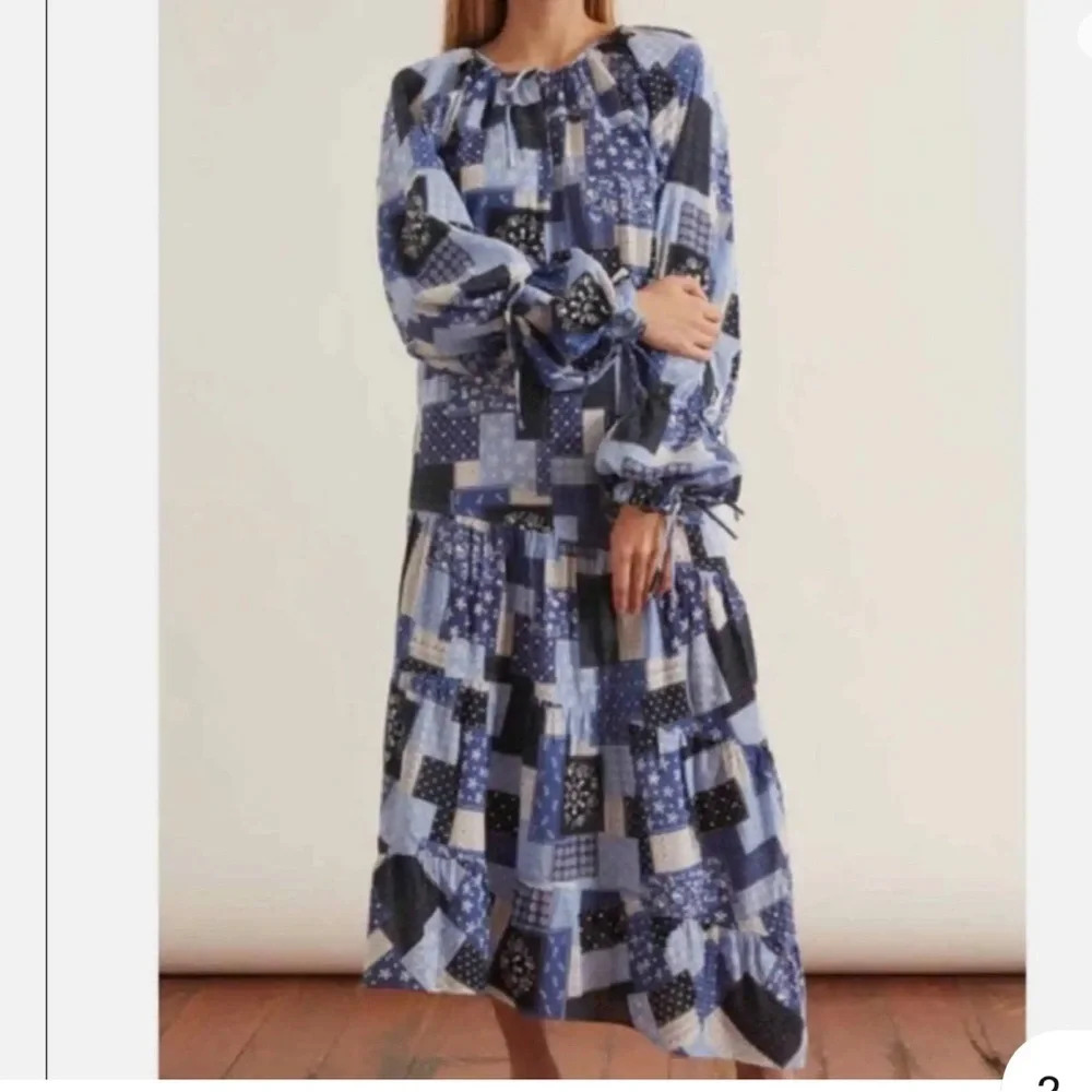 Blue Patchwork Long Sleeve Midi Dress